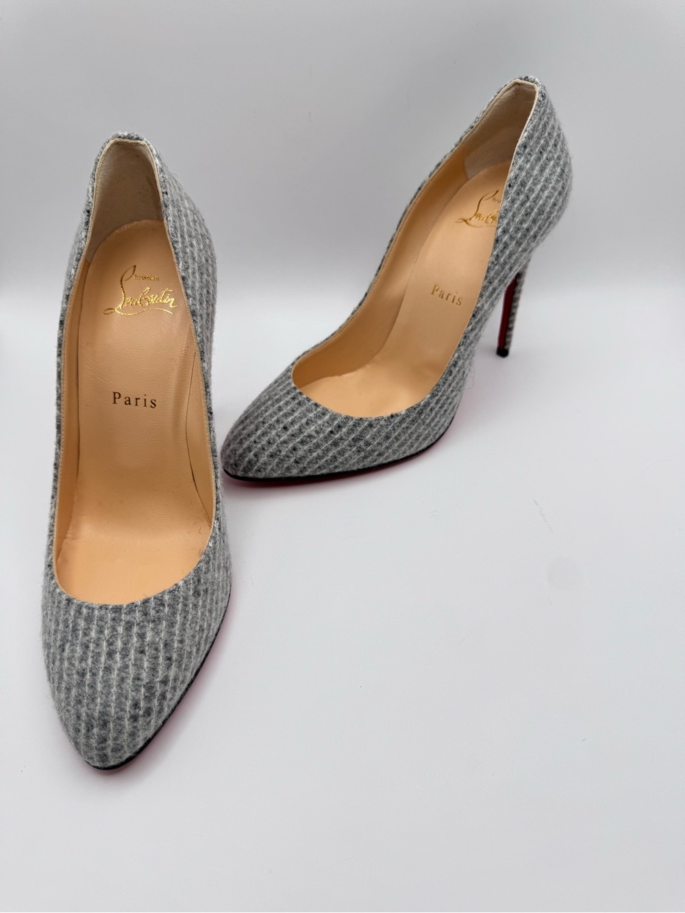 Christian Louboutin Eloise 100 Flanelle Grey Wool Pumps EU 37.5 NWT